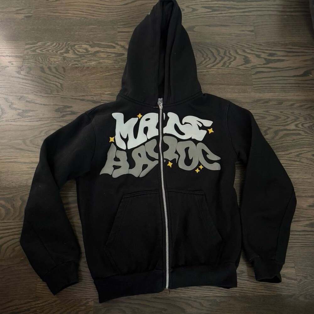 Made Havoc Hoodie Men's Size S Black Full Zip Puff Print Graphic Y2K
